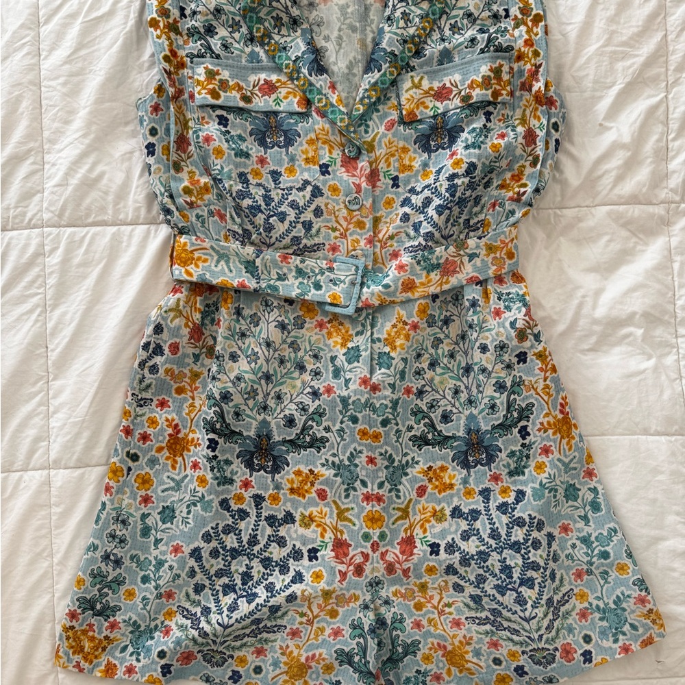 Ranna Gill Floral Belted Sleeveless Romper in Aqua Blue, Yellow & Green - Picture 3 of 14